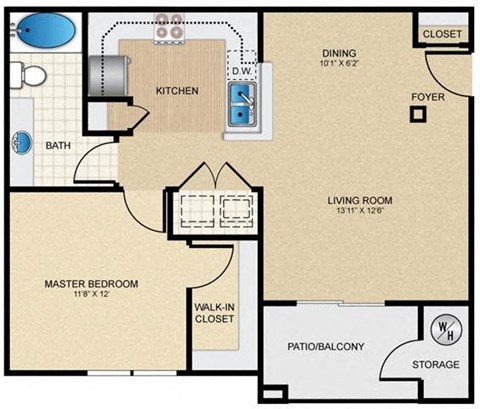 One Bedroom & One Bathroom. Open Floor Plan with Living Room and Dining Area. Walk-In-Closet, Private Patio with Storage. at Mission Hills Apartments, San Antonio, TX